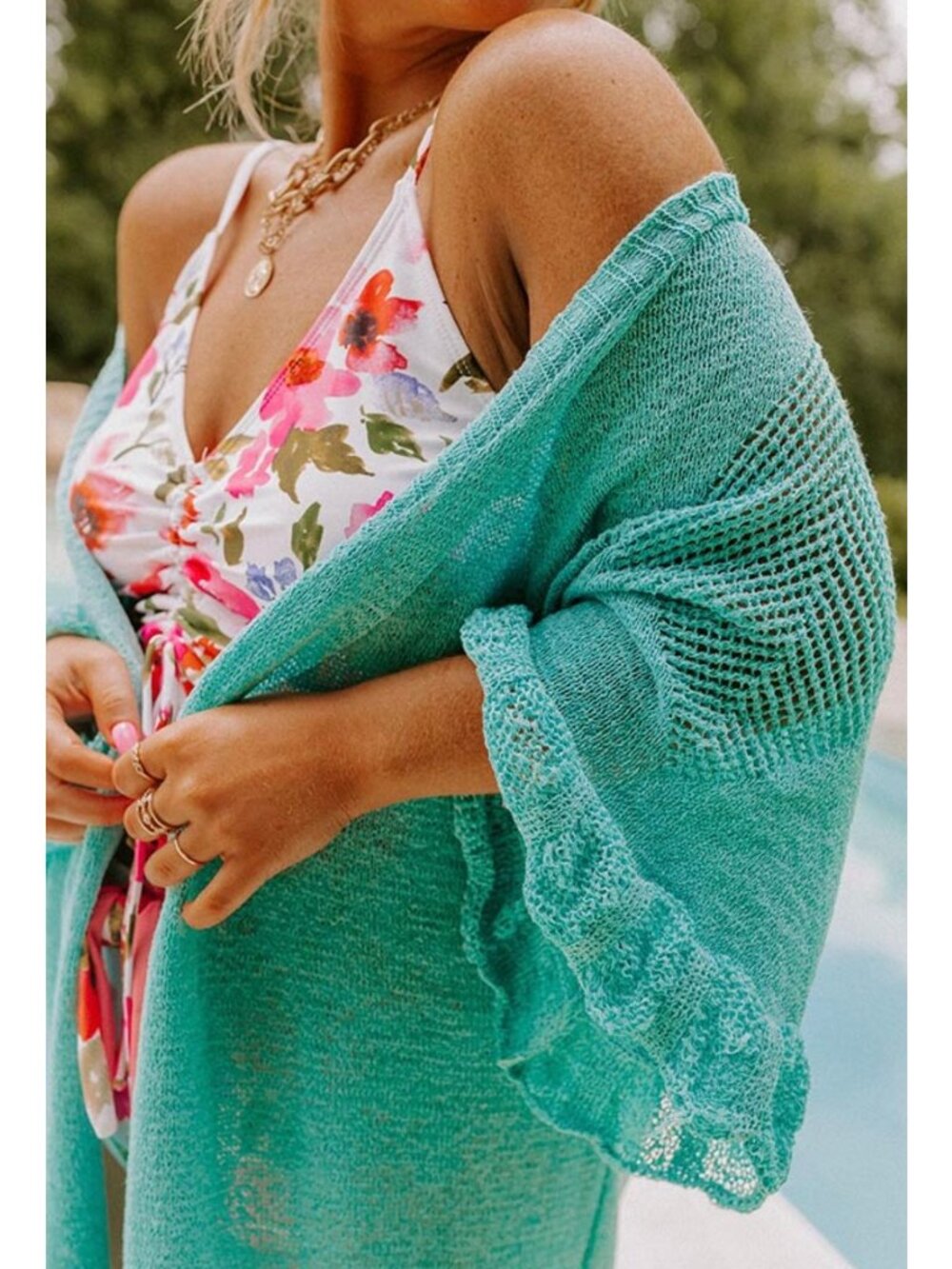 143 Story 3X Teal Open Front Knit Cardigan With Ruffle Sleeves & Diamond Detail